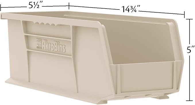 Akro-Mils 30234 AkroBins Plastic Storage Bins, Space-Saving Stackable Bins for Garage, Pantry, Craft Organization, 15" x 5" x 5", Stone, 12-Pack
