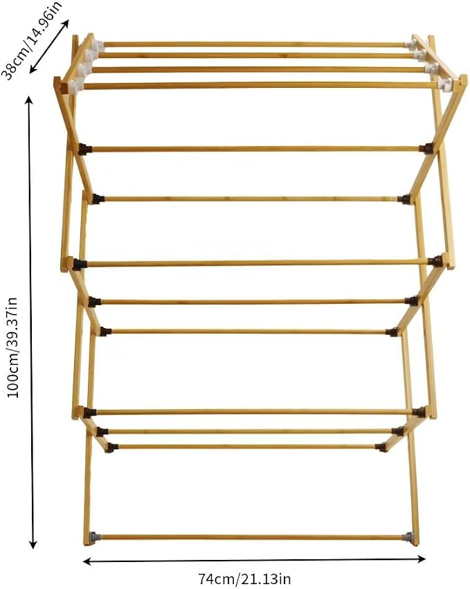 Foldable&Dismountable 3-Tier Bamboo Clothes Drying Rack, Multi-Tier Collapsible Laundry Hanger, Space Saving Garment Stand for Indoor Outdoor Balcony Bathroom. (Original, 28" D X 15" W X 39.3" H)