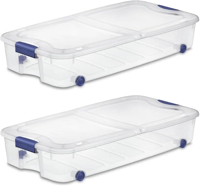 Under Bed Storage Bin 66 Quart, Clear Rolling Container with Wheels & Lid (2 Pack)