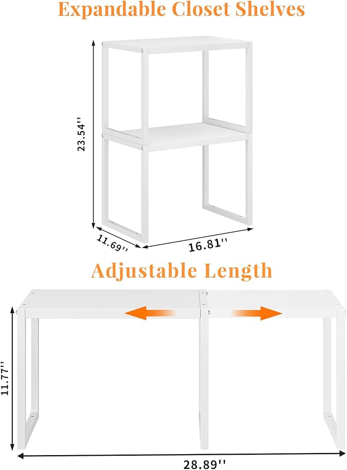 ThreeHio 2 Pack Stackable Closet Organizers and Storage Shelves, Expandable Metal Clothing Shelf, Adjustable Shelving Unit for Cabinet Wardrobe, Kitchen, Pantry, Sweater Clothes Cube Storage Organizer