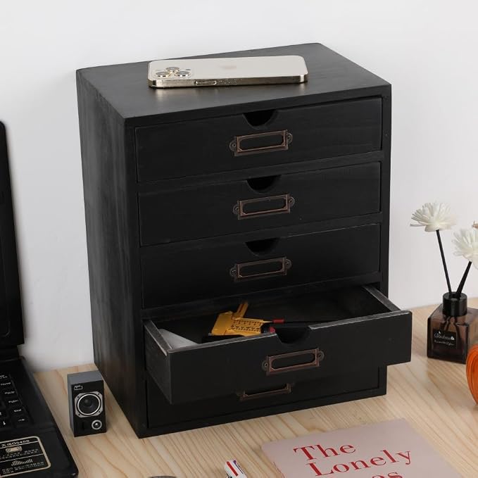 Wooden Storage Box with 5 Drawers Apothecary Drawers Vintage Wooden Drawers Wood Desktop Organizer with Drawers Countertop Drawers Library Card Catalog Cabinet Apothecary Cabinet （BLACK）