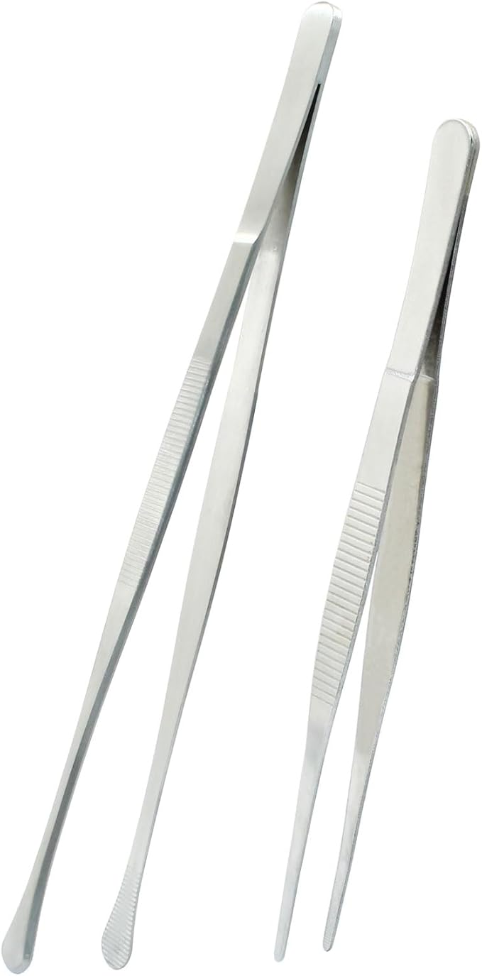 2Pcs Kitchen Tweezers Tongs, Cooking Tweezers, Chef Tweezers professional, Long Handle Food Tweezers, Stainless Steel Tweezers for Culinary, Bar, BBQ, Plating (12"Round Tip + 8"Point Tip Sets)