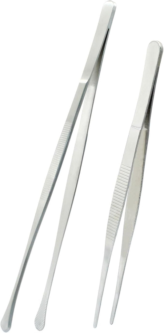 2Pcs Kitchen Tweezers Tongs, Cooking Tweezers, Chef Tweezers professional, Long Handle Food Tweezers, Stainless Steel Tweezers for Culinary, Bar, BBQ, Plating (12"Round Tip + 8"Point Tip Sets)