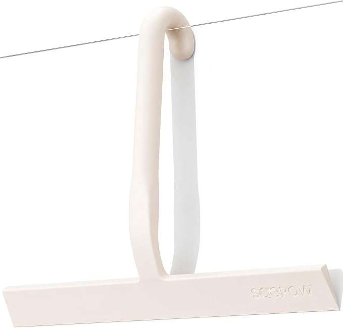 Shower Squeegee for Glass Doors - 10 Inch Bathroom Squeegee with Ergonomic Round Grip, Built-in Hook, Streak-Free No-Squeak Silicone Blade for Shower Glass, Tile Walls, Mirrors & Windows, White