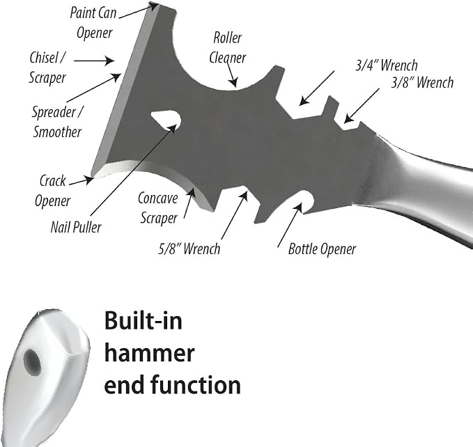 ALLWAY UXG12 Stainless Steel 12-In-1 Pro Painter's Multi-Tool | Ergonomic Grip, Built-in Hammer End, Roller Scraper, Can Opener, Scraper, Chisel, Crack Opener