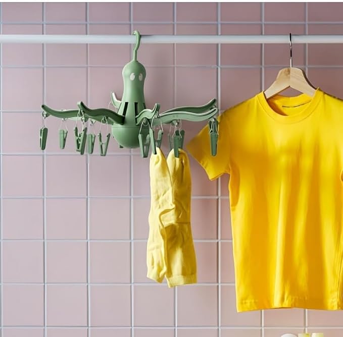 PRESSA Hanging Dryer 16 Clothes Clips Octopus Laundry Dryer Foldable Hanging Drying Rack 8 Claw Peg Hanger Space Saving Indoor Outdoor Clothes Airer (Green)