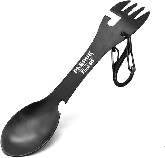 5-in-1 Utility Tactical Spork, Stainless Steel Spoon & Bottle Opener, Fork & Knife, Can Opener Combo Camping Utensil for Hiking, Camping or Backpacking (Black)