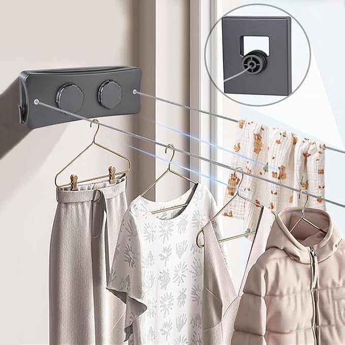 Grey 16.7 Ft Retractable Clothesline Indoor & Outdoor | Clothes Line Outdoors Sag-Proof With Adjustable Tension & 2 Installation Ways, Laundry Rope for Pool Towels, Winter Coats