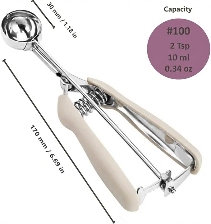 Cookie Scoop, 2Tsp/10ml/ 0.34oz Tbsp Cookie Scoops for Baking | 18/8 Stainless Steel Cookie Scooper, #100 Cookie Dough Scoop, Cookie Scooper for Baking with White Grip