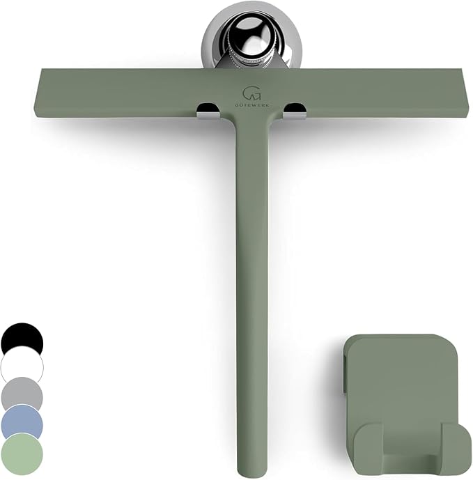 GÜTEWERK Silicone Shower Squeegee for Glass Doors & Mirrors with Stainless Steel Core, Streak-Free & No-Squeak Window Cleaning, 3-in-1 No-Drill Mount (Hook/Suction/Adhesive),Green, 11 Inches