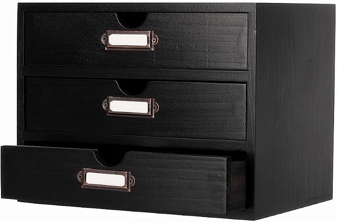 Small Wooden Drawers Wooden Box with Drawer Black | 3 Drawer Storage Box for Apothecary Cabinet, Apothecary Drawers，Desktop Organizer with Metal Handles for Office，Home