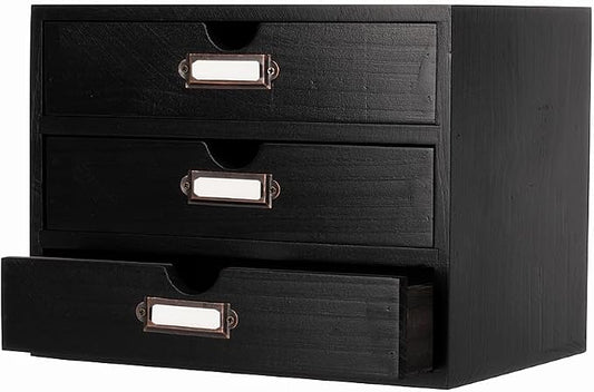 Small Wooden Drawers Wooden Box with Drawer Black | 3 Drawer Storage Box for Apothecary Cabinet, Apothecary Drawers，Desktop Organizer with Metal Handles for Office，Home