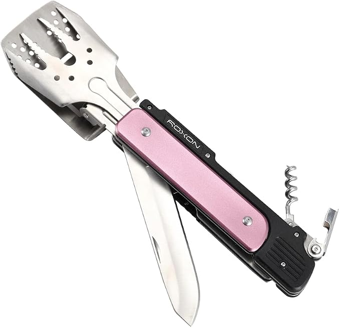 ROXON S601 6-in-1 Folding Grill Tool Set, 14" BBQ Utensils for Camping Pink | Includes Fork, Spatula, Knife, Tongs, Bottle Opener & Corkscrew. LFGB Certified, Dishwasher-Safe, Portable for Outdoor BBQ