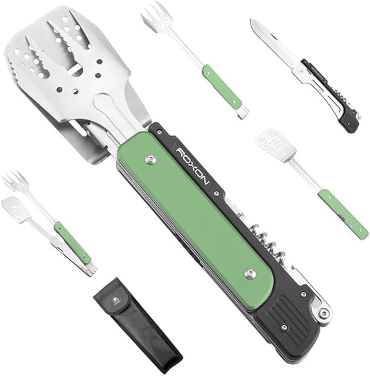 ROXON S601 6-in-1 Folding Grill Tool Set,14" BBQ Utensils for Camping Green | Includes Fork, Spatula, Knife, Tongs, Bottle Opener & Corkscrew. LFGB Certified, Dishwasher-Safe, Portable for Outdoor BBQ