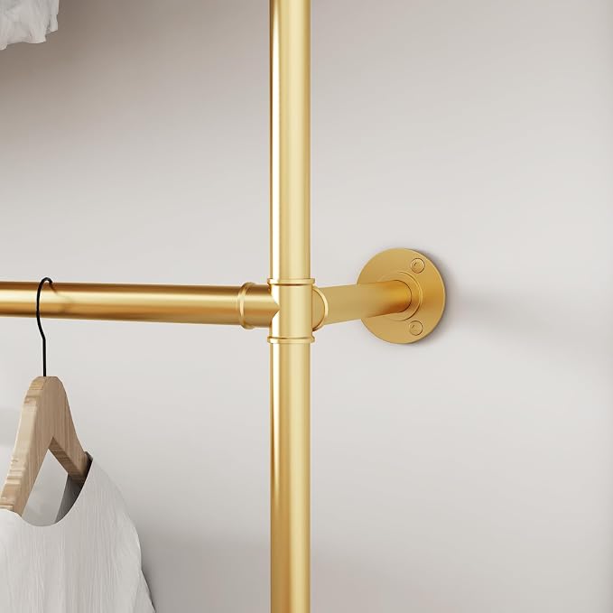 ORSENIGO Industrial Pipe Clothing Rack, Heavy Duty Metal Clothes Rack with Double Rods for Hanging Clothes, Wall Mount Space-Saving Garment Display Rack (Double, Gold)