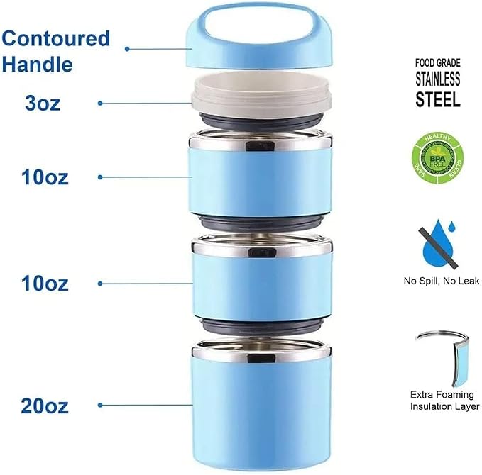 Lille Home Stackable Stainless Steel Thermal Compartment Lunch/Snack Box, 3-Tier Insulated Bento/Food Container with Lunch Bag, Utensils Set and Three Extra Seals, 43OZ (Blue with Utensils)
