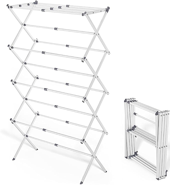 4-Tier Foldable Clothes Drying Rack 15" D x 29" W x 52" H - White | Portable Extendable Laundry Drying Rack for Indoor Air Drying Clothing with 4 Hangers