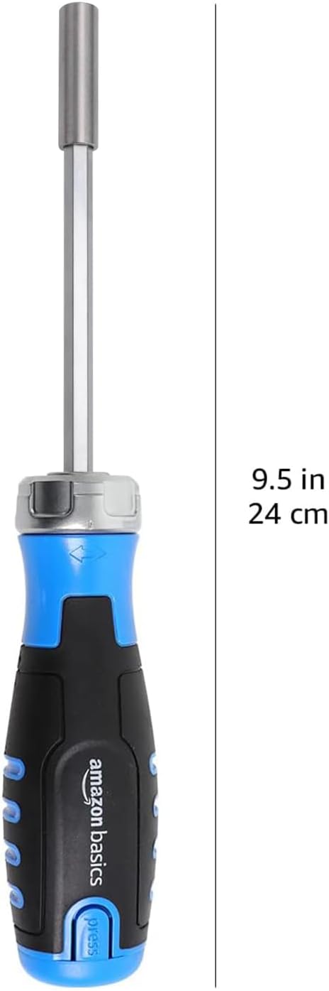 Amazon Basics 12-in-1 Ratcheting Magnetic Screwdriver Set with Bit Storage in Handle, Portable Repair Tool Kit, Security Torx, Phillips, Flat, Hex, Torx, Black, Blue, Silver