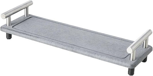Instant Dry Sink Caddy Organizer,Diatomaceous Earth Bathroom Organizer with Handle Water Absorbing Stone Tray for Sink Water Absorbent Diatomite Coasters (S Gray Silver Handle)