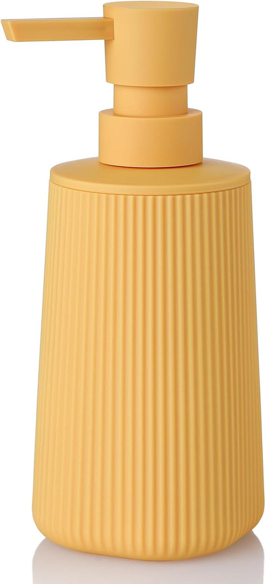 YAUKPH Small Soap Dispenser for Bathroom and Kitchen Matte Yellow | Modern Farmhouse Striped Style Plastic Hand Soap Dish Soap Dispenser with Pump