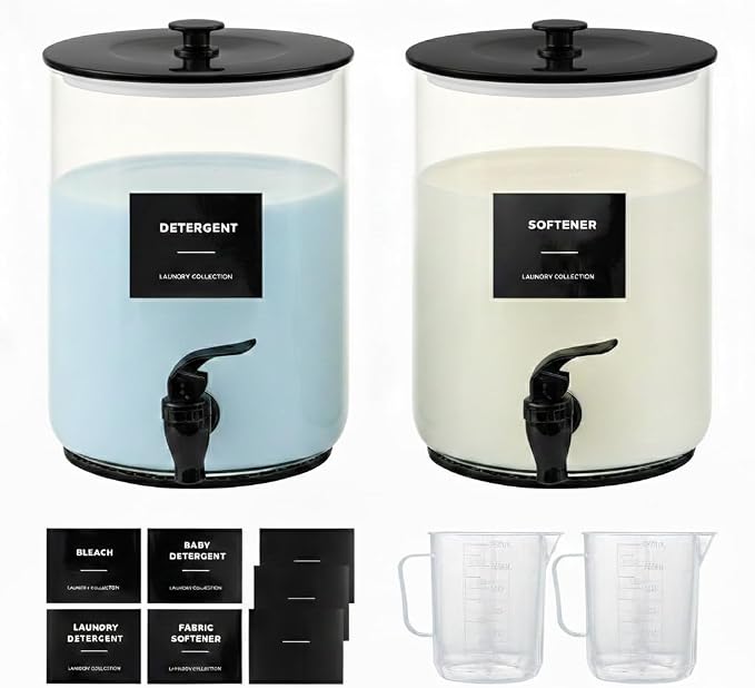 Glass Laundry Detergent Dispenser for Laundry Room Organization-2 Black | 1 Gallon Large Liquid Soap Dispenser with Black Metal Lid & Leak-Proof Spigot, 2 Measured Cups, 2 Silicone Mats & 9 Labels