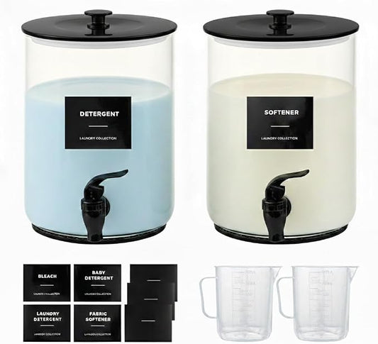 Glass Laundry Detergent Dispenser for Laundry Room Organization-2 Black | 1 Gallon Large Liquid Soap Dispenser with Black Metal Lid & Leak-Proof Spigot, 2 Measured Cups, 2 Silicone Mats & 9 Labels