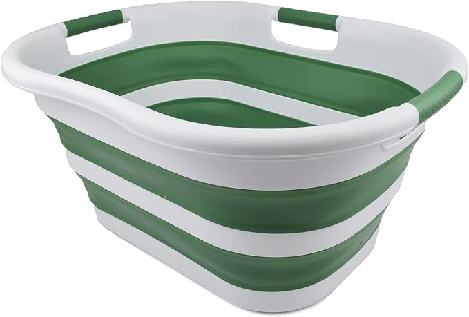 SAMMART 40L (10.5 gallon) Collapsible Plastic Laundry Basket - Foldable Pop Up Storage Container/Organizer - Portable Washing Tub - Space Saving Hamper/Basket (1, White/Dark Sea Green)