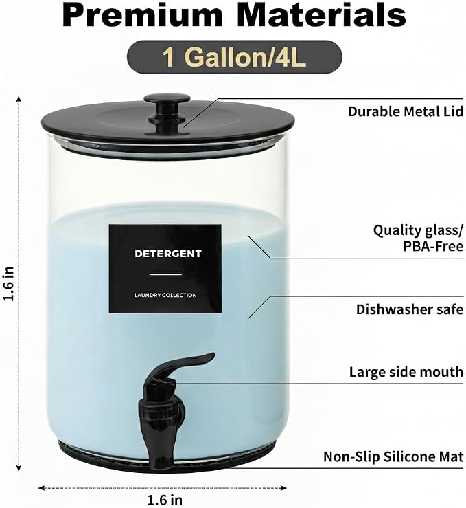Glass Laundry Detergent Dispenser for Laundry Room Organization-Black | 1 Gallon Large Liquid Soap Dispenser with Black Metal Lid & Leak-Proof Spigot, 1 Measured Cups, 1 Silicone Mats & 9 Labels