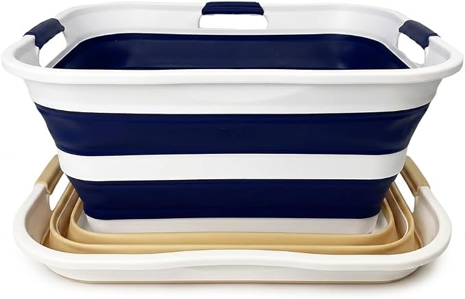 SAMMART 42 (11 Gallons) Collapsible Plastic Laundry Basket, Foldable Pop Up Storage Container/Organizer, Space Saving Hamper, Portable Bin for Dorm Room Bathroom (2, Starry Blue+Beige)
