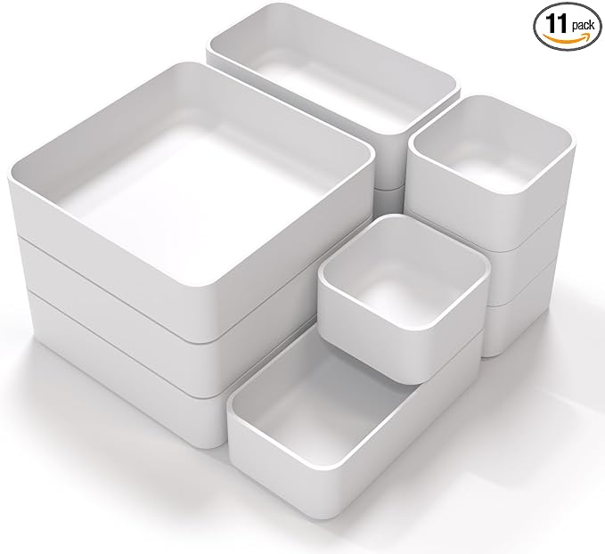 CHANCETSUI 11-Piece Stackable Drawer Organizer Set, Multi-size Desk Drawer Organizer Trays Vanity Storage Bins for Storing Makeup, Stationery, Utensils in Bathroom Dresser, Office and Kitchen