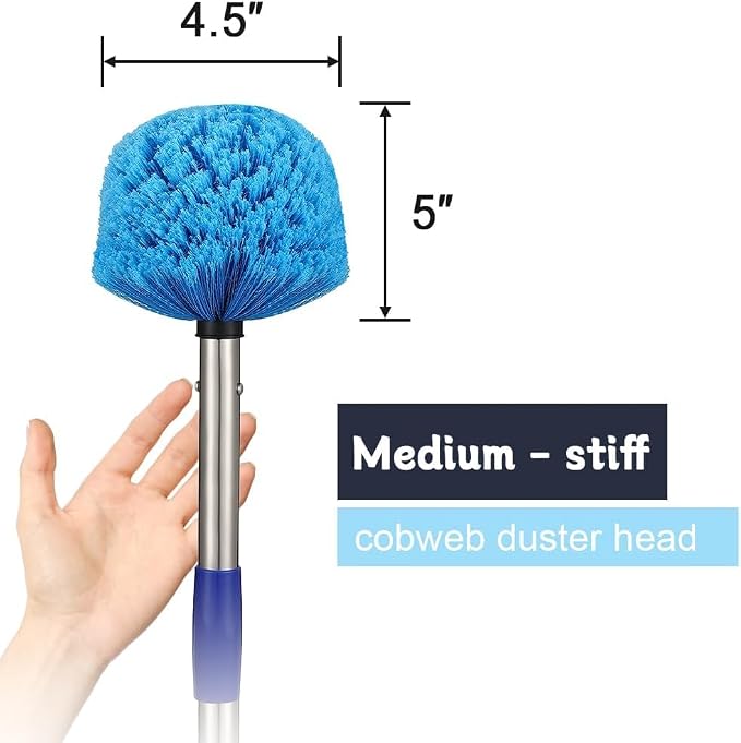 Extended Reach Cobweb Duster with 8-Foot Pole - Medium Bristle Brush for Ceiling, Wall, and Indoor/Outdoor Cleaning, Lightweight Stainless Steel (10FT)