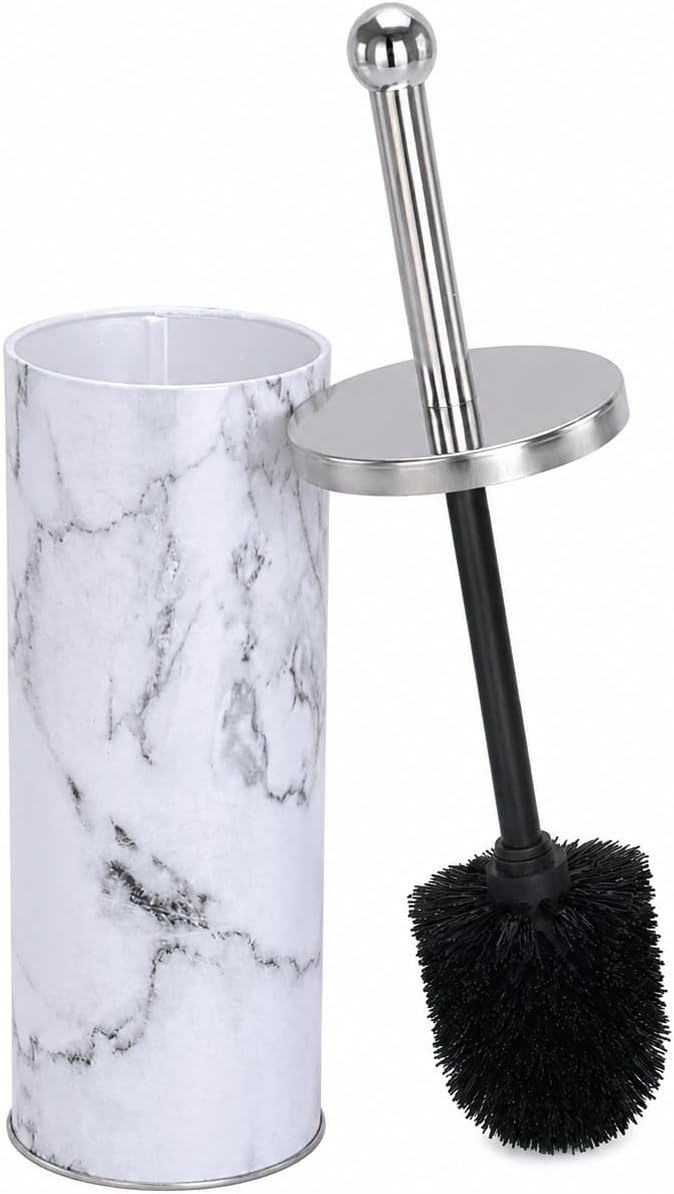 Zahari Home Marble Toilet Bowl Brush and Holder, White, Metal