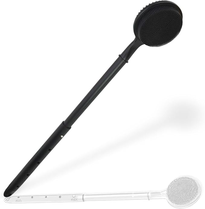 OZNER 24 Inches Silicone Back Scrubber for Shower - Extendable Long Handle Shower Brush with Dual-Sided Bristles - Exfoliating Body Scrubber for Sensitive Skin - Perfect for Men & Women (Black)