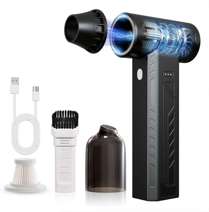 Compressed Air Duster 480000RPM Electric Air Duster Variable Speed 580G 4 Gear Adjustable Rechargeable Cordless Jet Dry Blower Turbo Fan Dryer Air Blower Mini Car Vacuum Cleaner Carbon Black