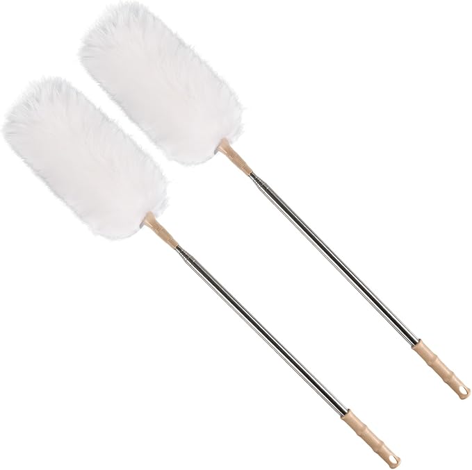 White Lambswool Extendable Duster, 32-98 Inch Bendable Wool Head with Anti-Static Properties and Stainless Steel Extension Pole for Ceiling Fans, High Walls, and Roof Dusting(Two Pack)