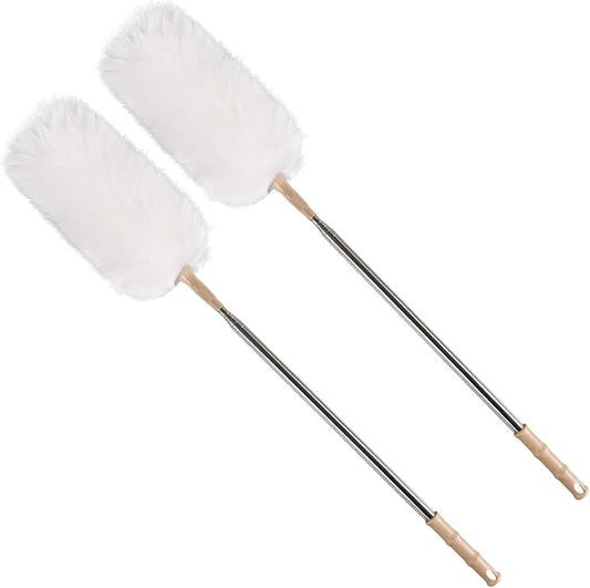 White Lambswool Extendable Duster, 32-98 Inch Bendable Wool Head with Anti-Static Properties and Stainless Steel Extension Pole for Ceiling Fans, High Walls, and Roof Dusting(Two Pack)