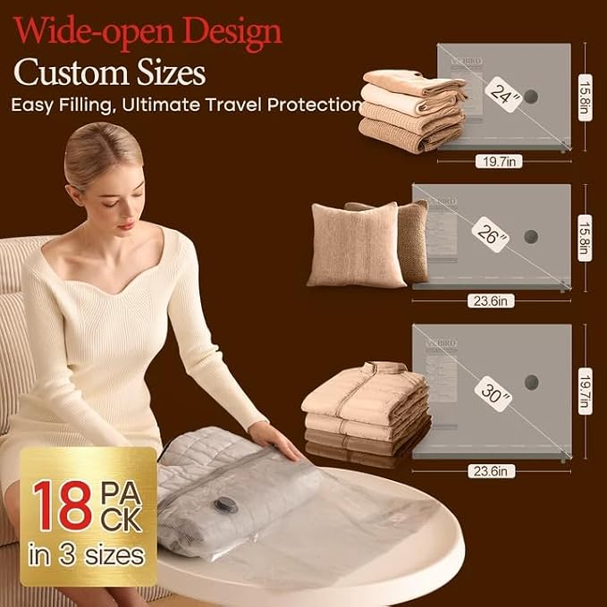 Vacbird Vacuum Bags for Travel with Rechargeable air Pump, Carry-on Size Compression Packing Bags for Luggage and Suitcase, Space Saver for Clothes and Clothing 18 Combo Travel Size