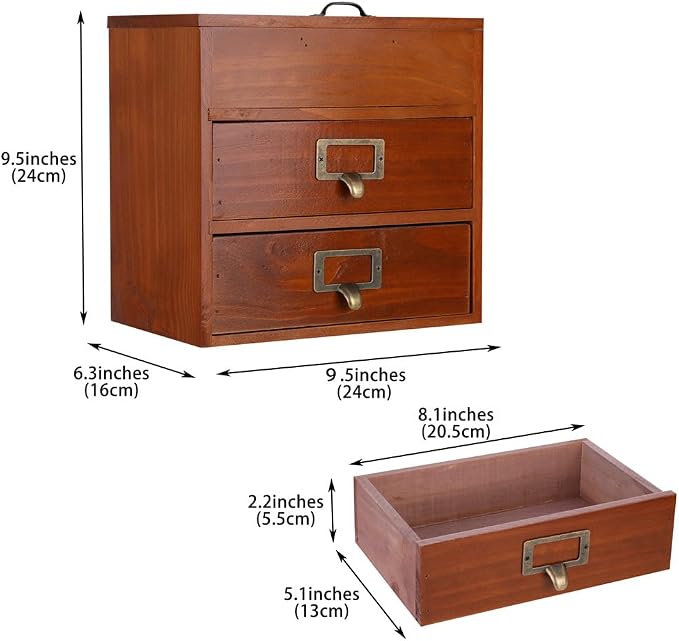 Small Wooden Drawers Wooden Box with Drawer Brown | 2 Drawer Storage Box for Apothecary Cabinet, Apothecary Drawers，Desktop Organizer with Metal Handles for Office，Home