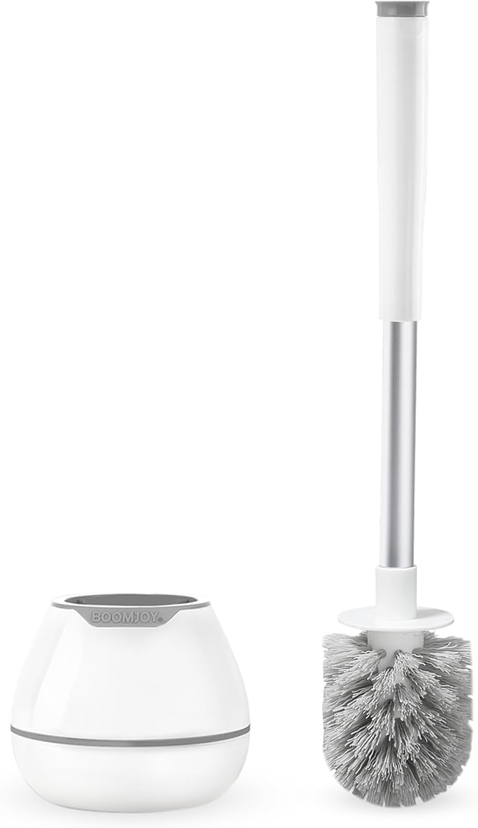 BOOMJOY Toilet Brush and Holder Set, Toilet Bowl Cleaner Brush, Toilet Scrubber Brush with Tweezers for Bathroom Cleaning, RV Accessories and House Organization Must-Haves - White