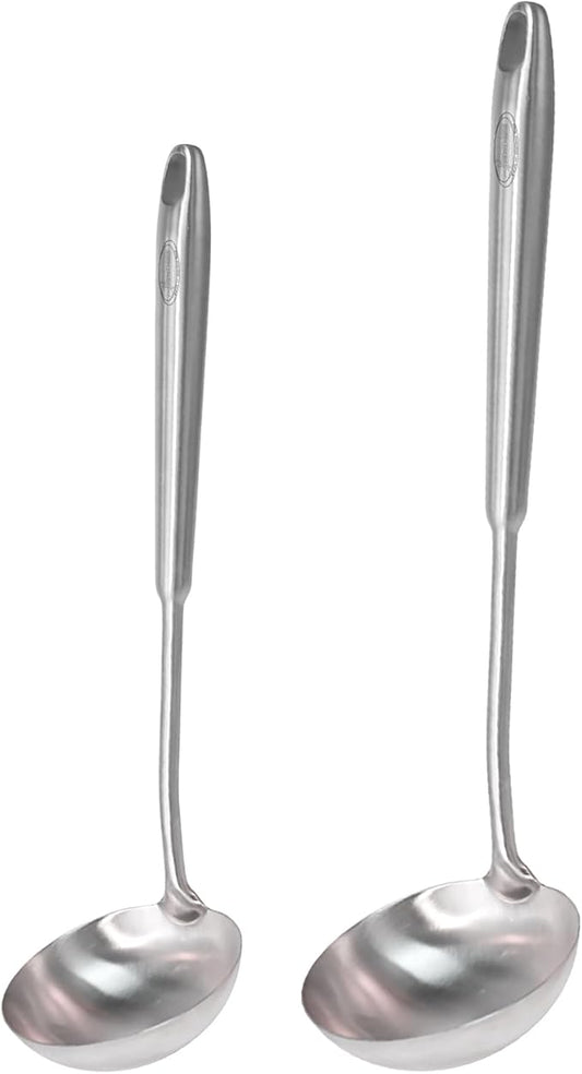 Newness 2 Pack Soup Ladle, [Rustproof, Heat Resistance, Integral Forming] Resilient 304 Stainless Steel Soup Spoon with Vacuum Ergonomic Round Handle, Cooking Spoon for Kitchen, 13.7 and 11.6 Inches