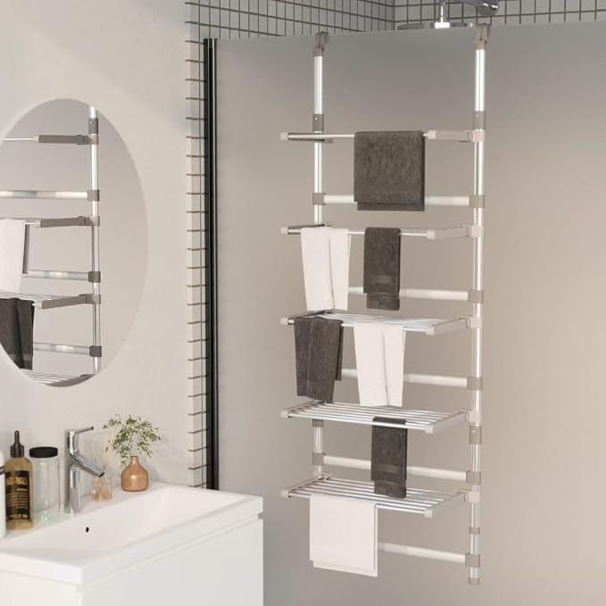Bowery Hill 5-Tier Aluminum Hanging Laundry Drying Rack, Adjustable Height 57.9"-73.6", Space-Saving Foldable Design, Silver Finish, Wall or Door Mount, Compact Clothes Airer for Home Drying