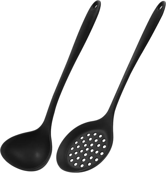 Jiozermi Silicone Soup Ladle and Slotted Spoon Set of 2, Heat Resistant Utensils for Cooking, Stirring, Serving, and Draining, Durable and Easy to Clean, Durable and Easy to Clean