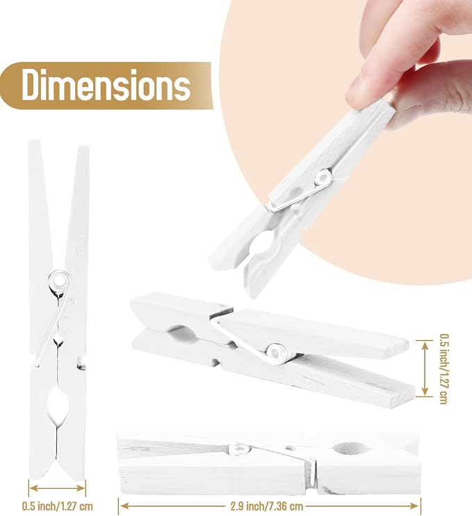 100 Pack White Wooden Clothes Pins 2.9 Inch, Heavy-Duty Wood Clothespins | Wooden Clips for Hanging, Crafts, Laundry, Photo Display & Classroom Decoration, Smooth Finish & Rust Resistant Spring