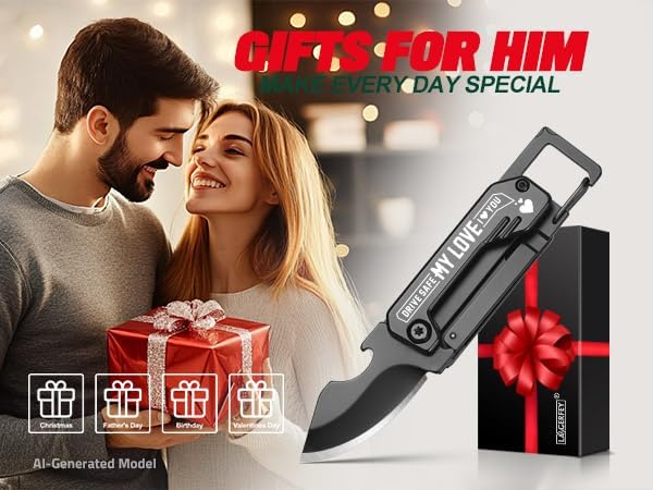 Gifts for Him Husband Boyfriend - Anniversary Love Gifts for Men, Keychain Multitool with 1.8inch Blade - Husband Christmas Birthday Gift - Small Knife for Every Day Carry, Portable Tool for Camping