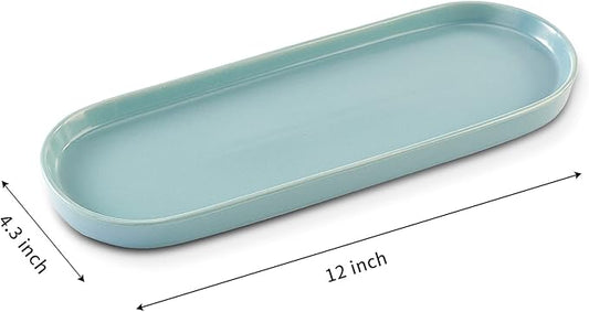 Ceramic Sink Tray, Bathroom Counter Tray, Bathtub Tray, Cosmetics Dish, Candle Tray, Perfume Shampoo Liquid Soap Tray Simple Style Design Suit for Bathroom and Kitchen (2pcs Blue)