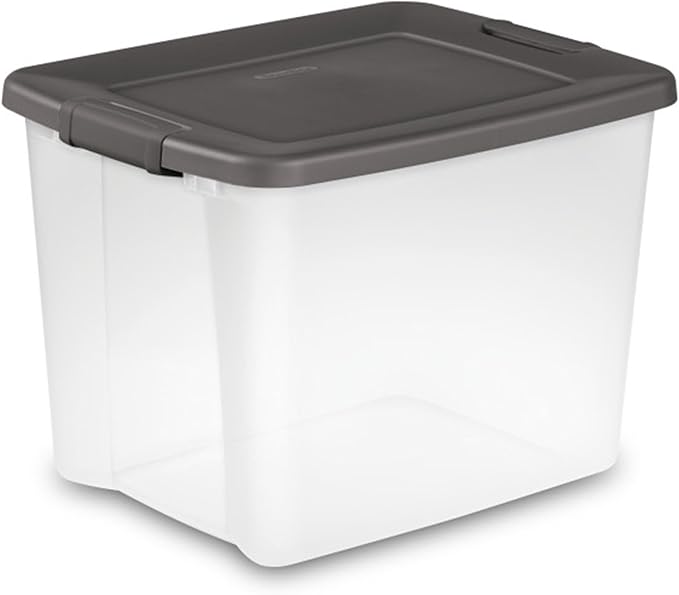 Sterilite 19373V06 50 Quart / 47 Liter Shelf Tote, Clear Base with Flat Gray Lid and Latches, 6-Pack | Clear Bins with Gray Lids - Stackable Organizing Container Boxes for Closet, Bathroom, and Office