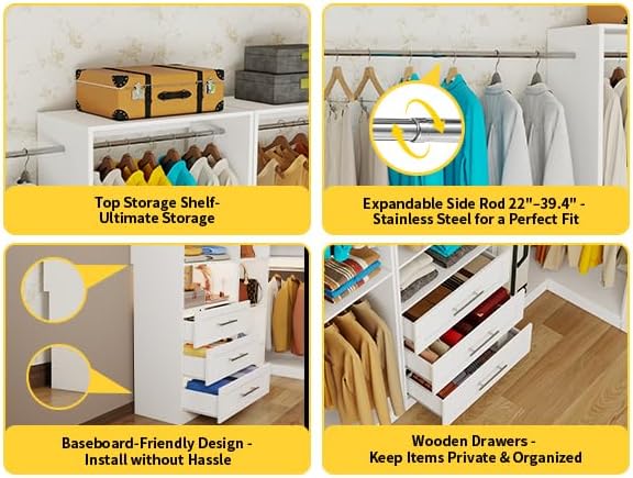 Corner Closet System with 3 Drawers, Closet Organizer,2 Sets,White | 5 Hanging Rods, Heavy Duty Walk in Wooden Modular Storage System, Custom L-Shaped U -Shaped Freestanding 1400+ Lbs Capacity