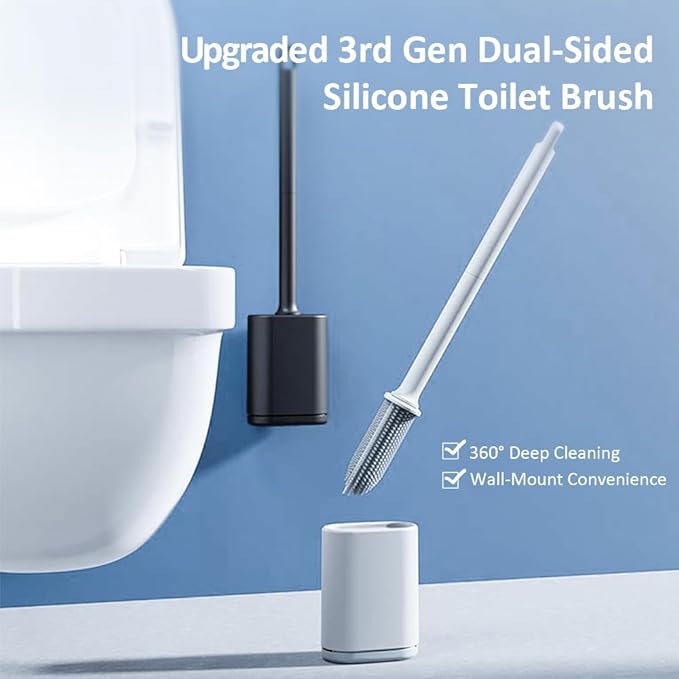 Dual-Sided RV Silicone Toilet Brush with TPR Bristles & Detachable ABS Handle Set, Wall Mountable Toilet Bowl Brush,Flexible Cleaners Brushes for 360°Deep Cleaning Bathroom/Camper (White)