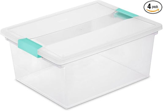 Sterilite Deep Clip Box, Stackable Small Storage Bin with Latching Lid, Plastic Container to Organize Paper, Office, Home, Clear Base and Lid, (Pack of 4)