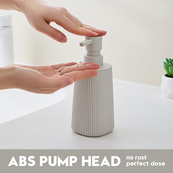 YAUKPH Small Soap Dispenser for Bathroom and Kitchen Matte Beige | Modern Farmhouse Striped Style Plastic Hand Soap Dish Soap Dispenser with Pump